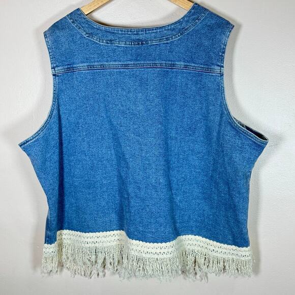 VTG Carole Little Plus Size Vest Denim Crochet Fringe 22 Cottage Western 90s - Picture 5 of 7